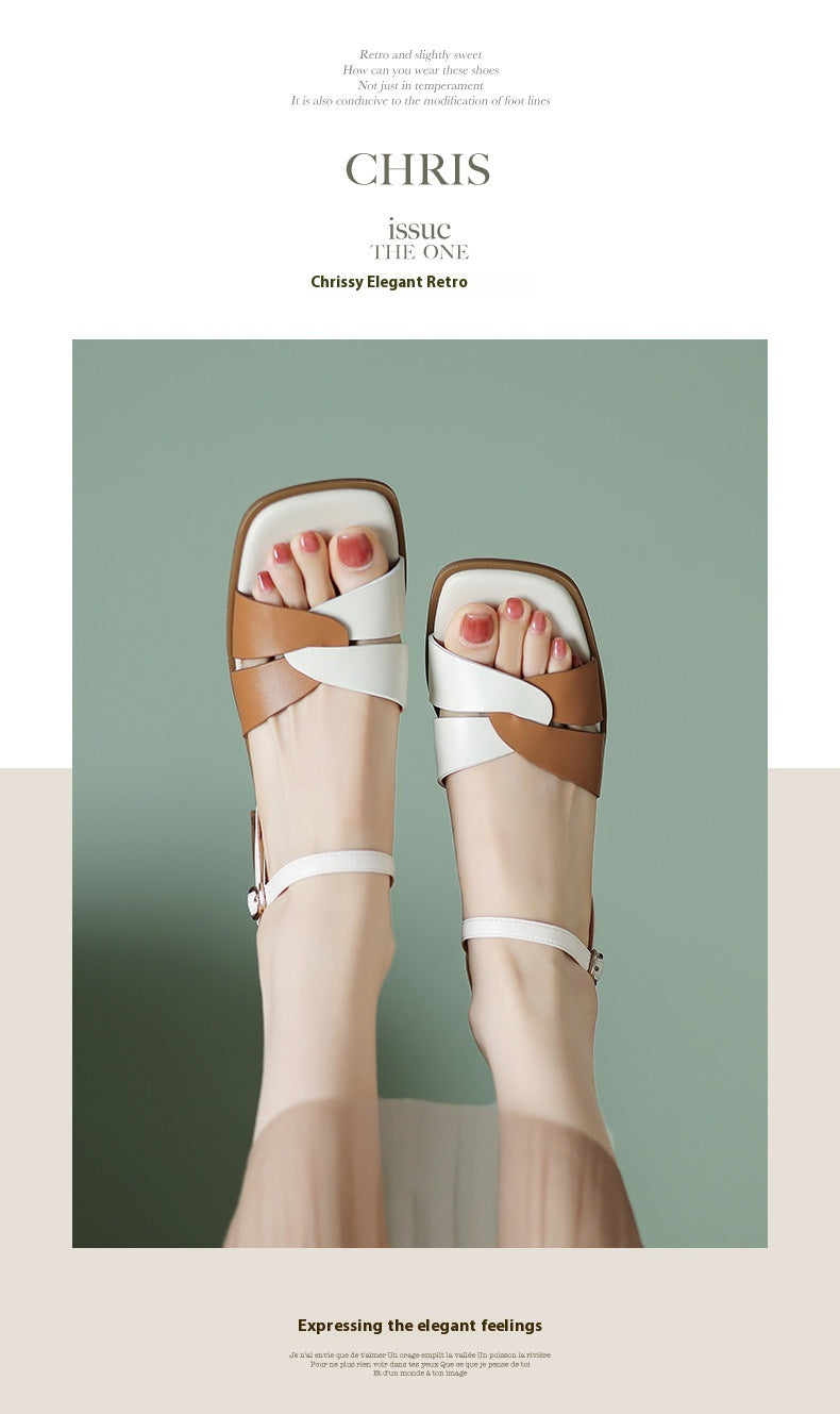 First-Layer Cowhide Low-Heel Sandal – Dual Strap Structure