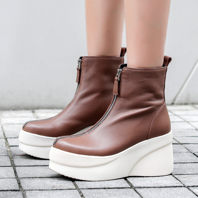 Short Boots Leather All-match Wedge Heel