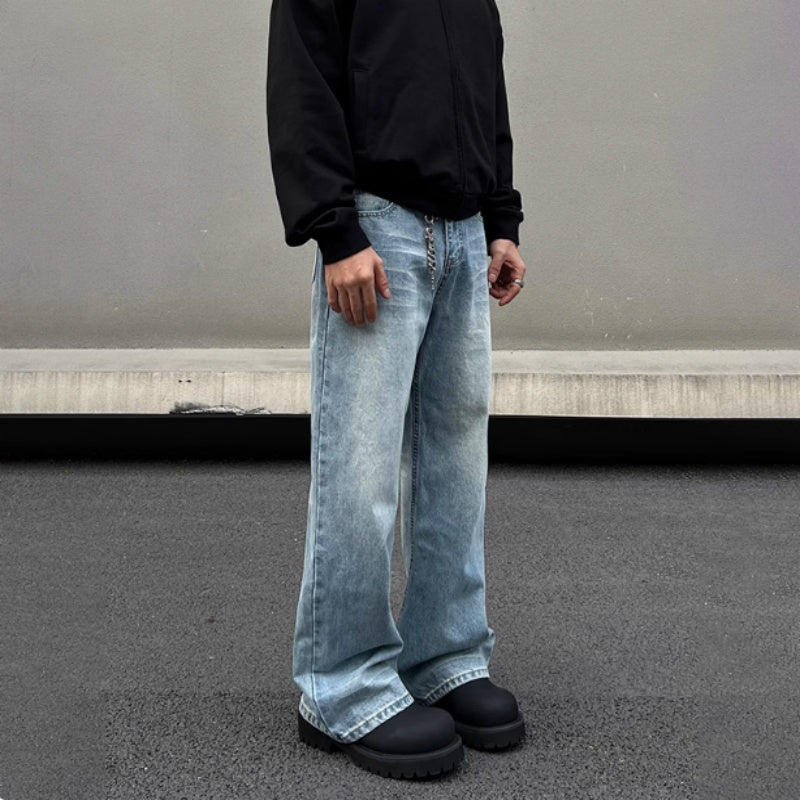 Men's Retro Whisker Washed Blue Straight Jeans