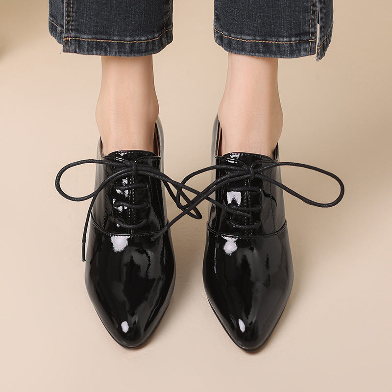 High Heel Lace-up Authentic Leather British Style Pointed Leather Shoes Mid Heel Loafers