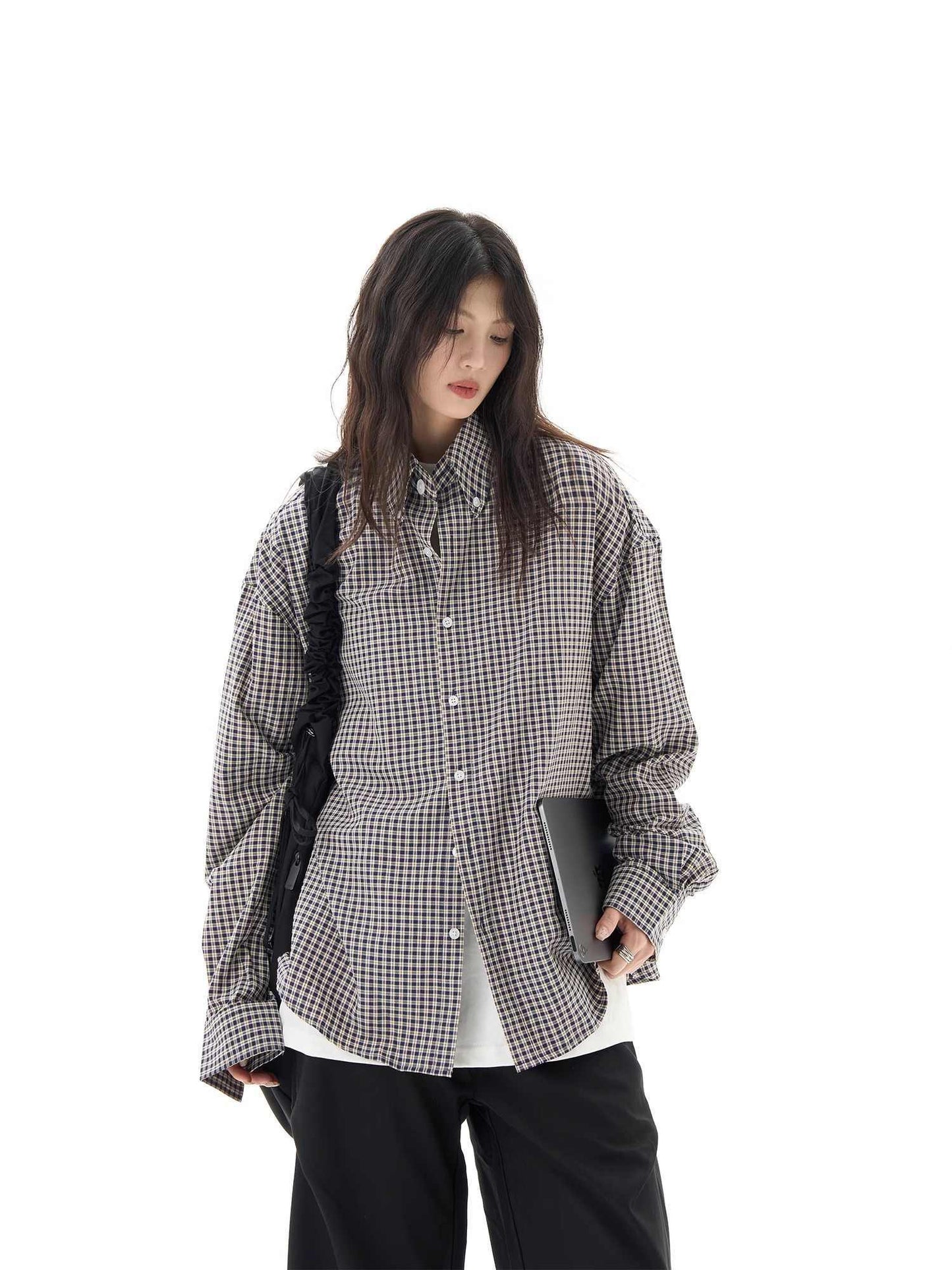 Black Plaid Shirt Long Sleeve Women Casual Loose Shirt Coat