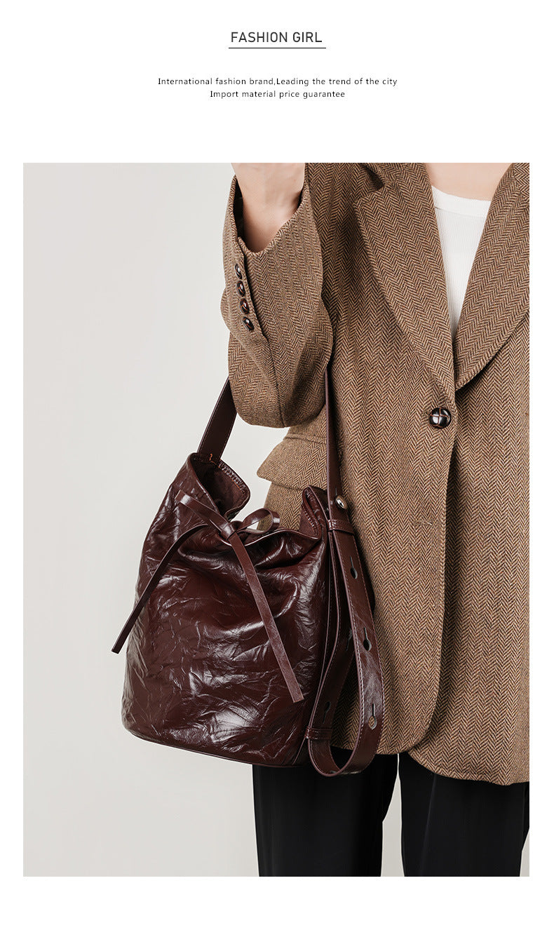 Crinkled Cowhide Bucket Shoulder Bag