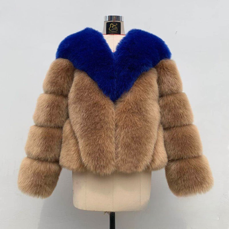 Color Matching Korean Casual Fox Fur Overcoat