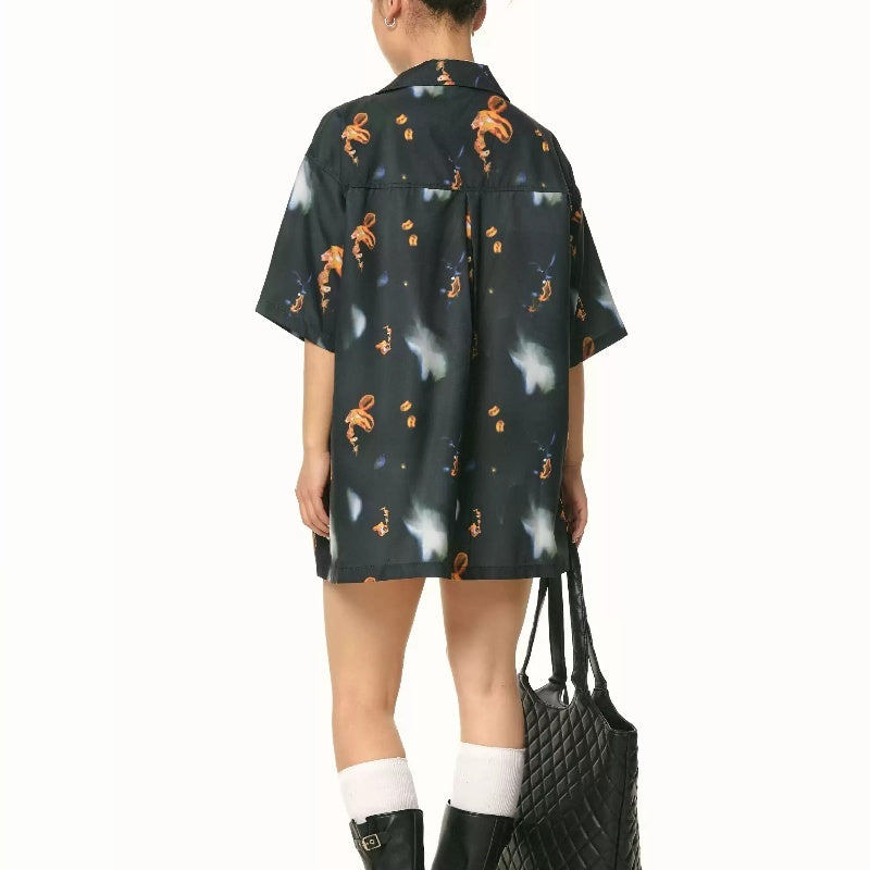 Vintage Print Short Sleeves Shirt Loose Casual