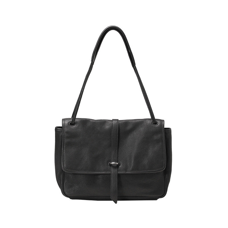 Flap-Closure Shoulder Bag in First-Layer Cowhide Leather