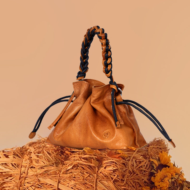 Braided-Handle Drawstring Bag in First-Layer Cowhide Leather