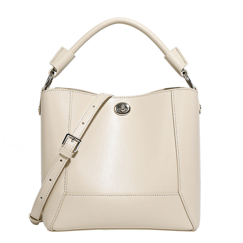 Structured Cowhide Bucket Bag with Turn-Lock Closure