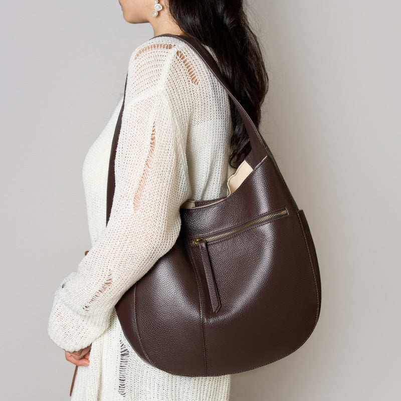 Curved Hobo Shoulder Bag with Front Zip Pocket