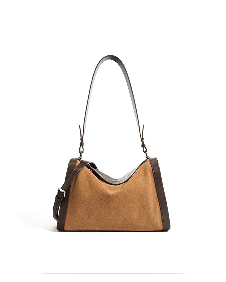 Structured Cowhide Shoulder Bag with Suede Panel