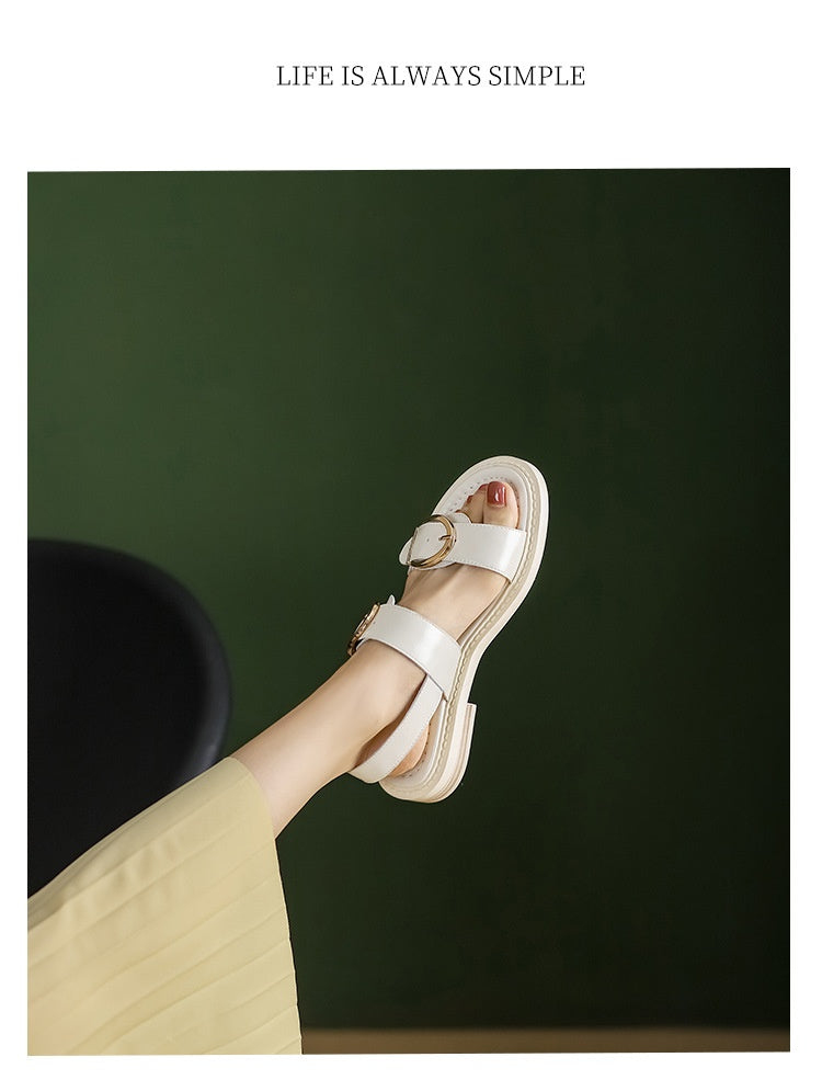 Belt Buckle Ankle-strap Sandals Back Strap Low Heel Chunky Heel Cowhide