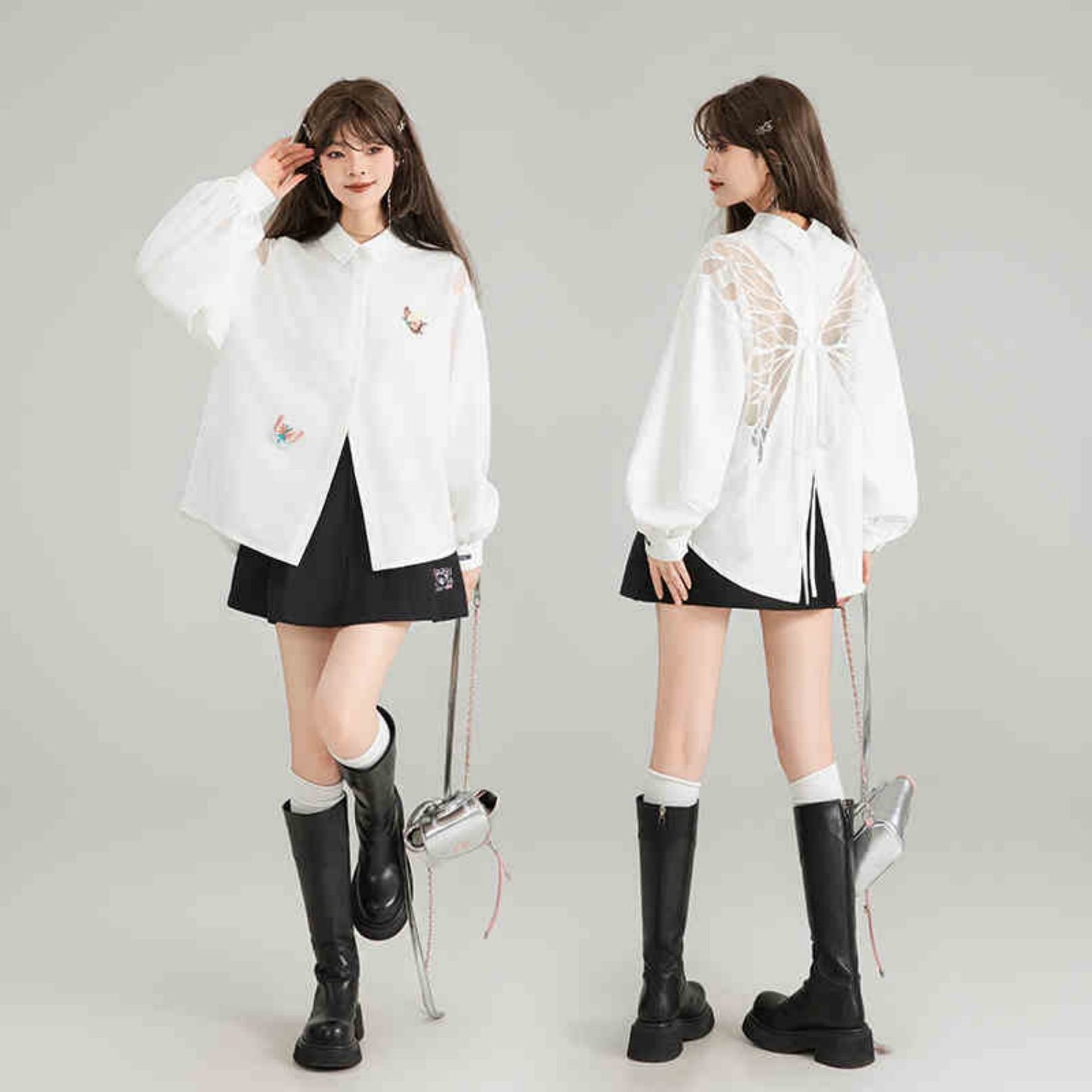 Butterfly Embroidered Black Long Sleeve Shirt