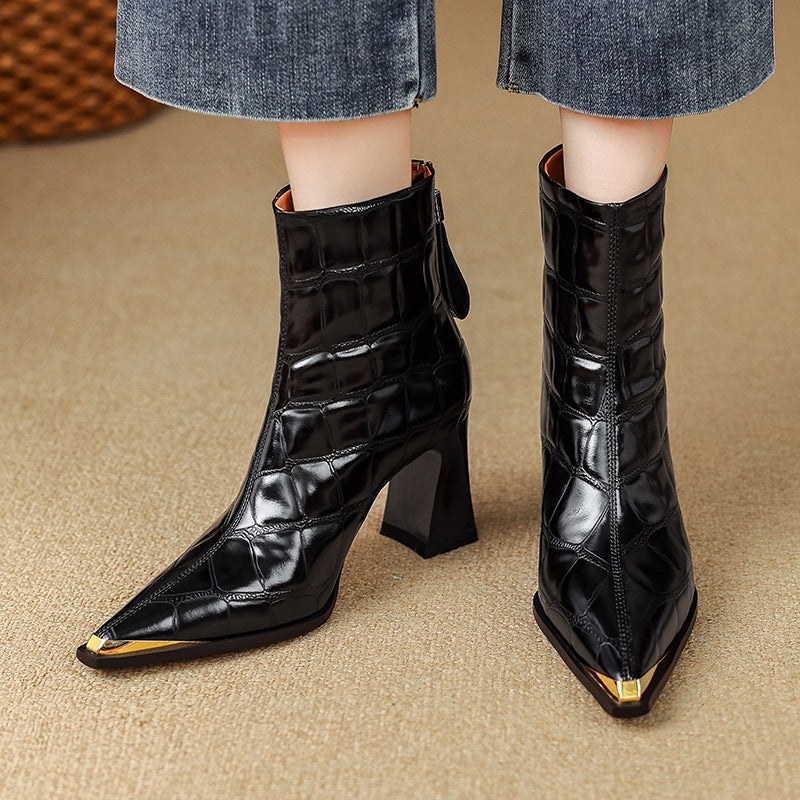 First-Layer Cowhide Structured Heel Boots
