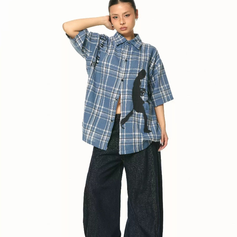 New Blue Color Plaid Loose Short Sleeve Shirt