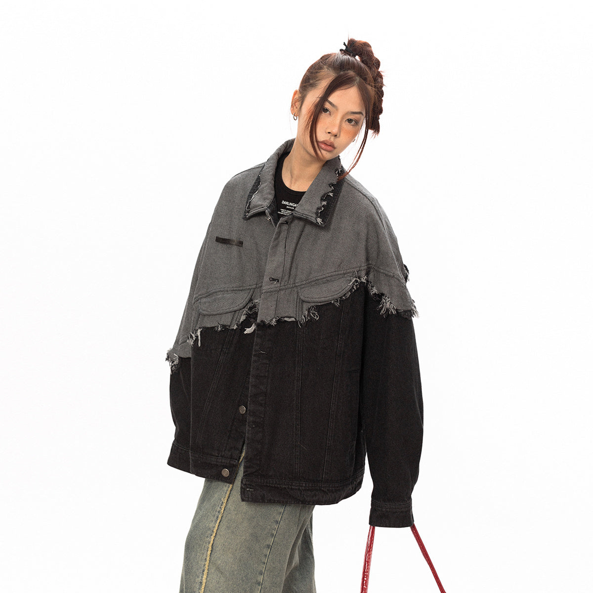 Stitching Design Contrast Color Damage Denim Coat