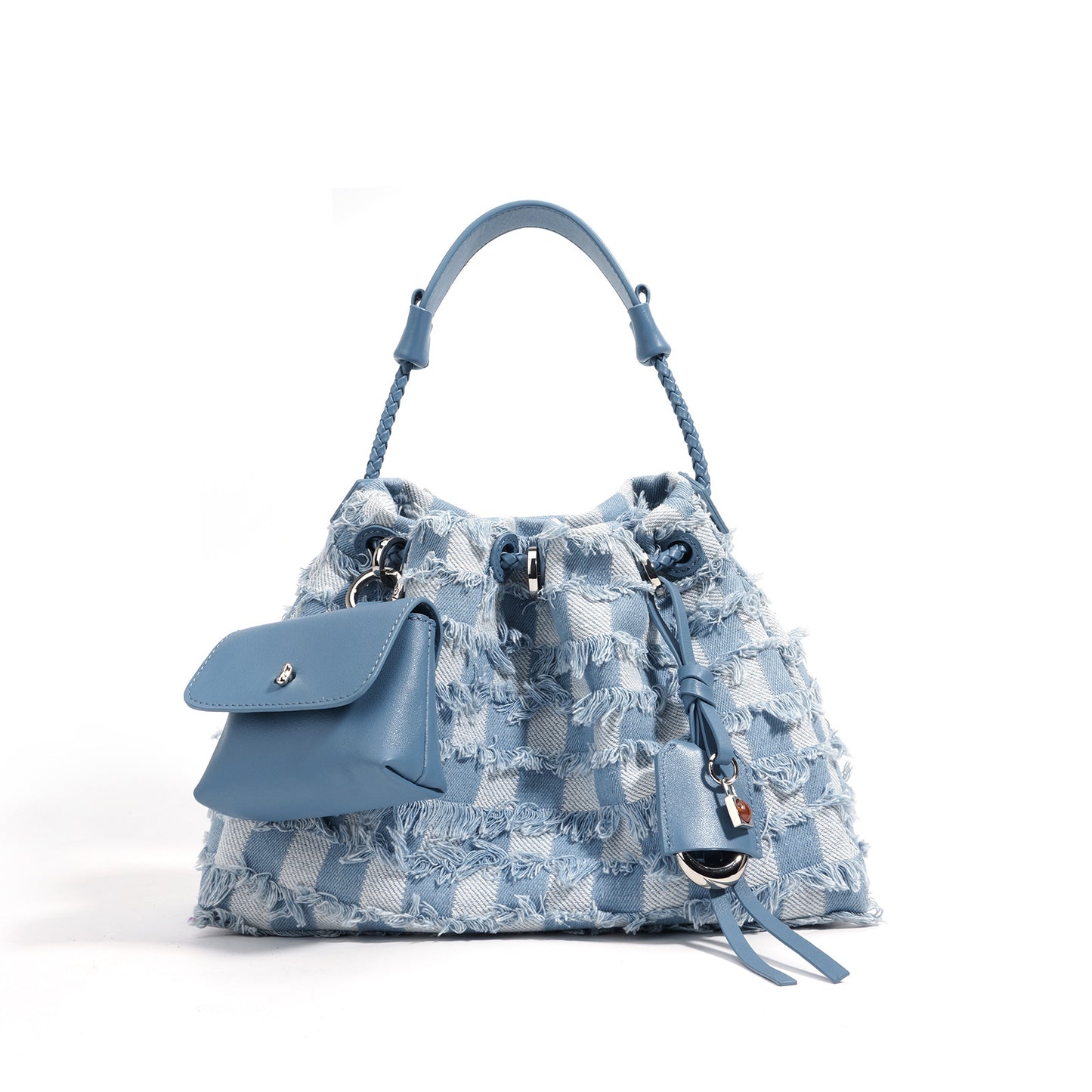 Denim & Cowhide Structured Drawstring Bag