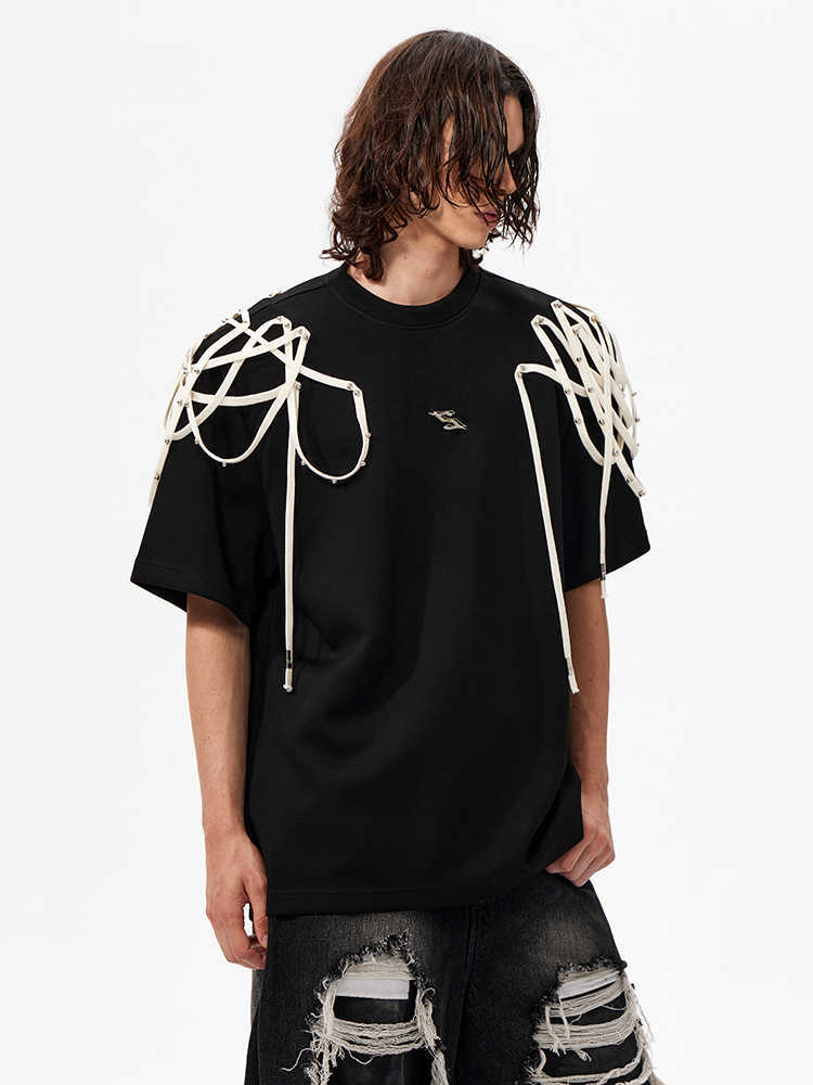 Rivet Ribbon Padded Shoulder Short-sleeved T-shirt