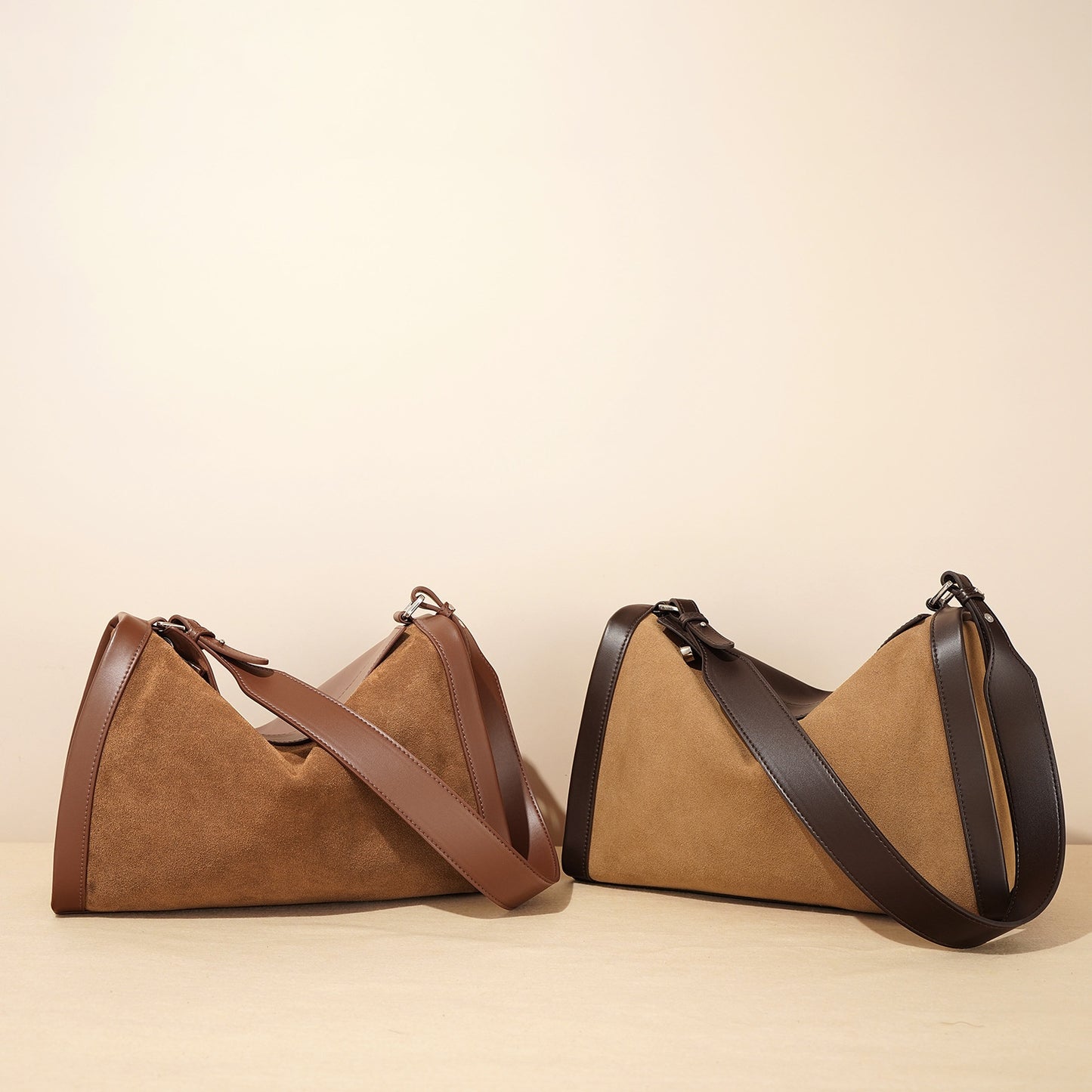 Structured Cowhide Shoulder Bag with Suede Panel