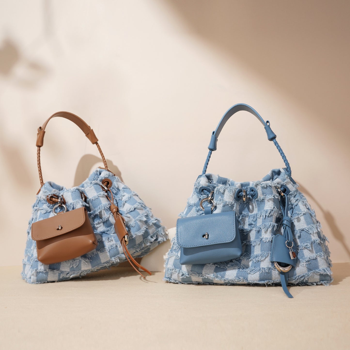 Denim & Cowhide Structured Drawstring Bag