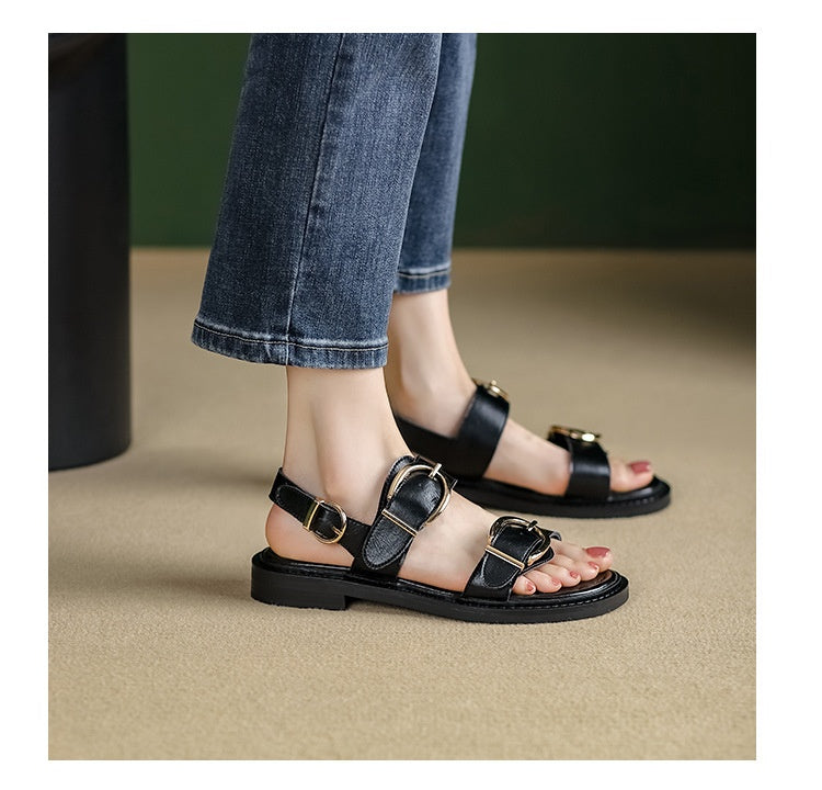 Belt Buckle Ankle-strap Sandals Back Strap Low Heel Chunky Heel Cowhide