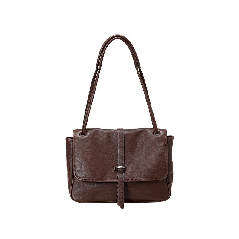 Flap-Closure Shoulder Bag in First-Layer Cowhide Leather