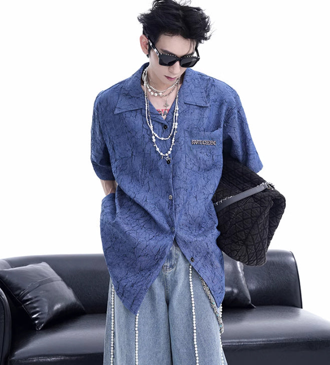 Niche Design Pleated Textured Short Shirt Men's Tops