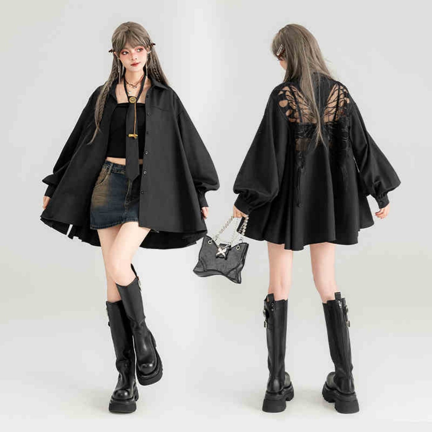 Butterfly Embroidered Black Long Sleeve Shirt