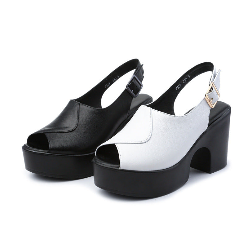First-Layer Cowhide Platform Heel with Structured Block Base