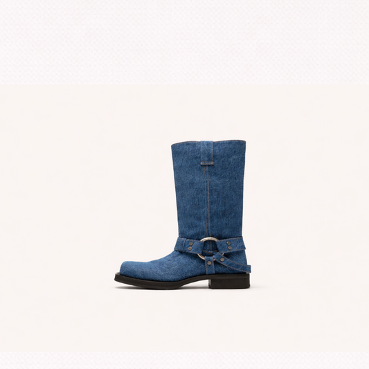 Denim Harness Mid-Calf Boots