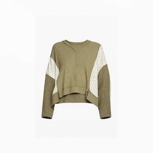 Structured Patchwork Waffle-Crop Top