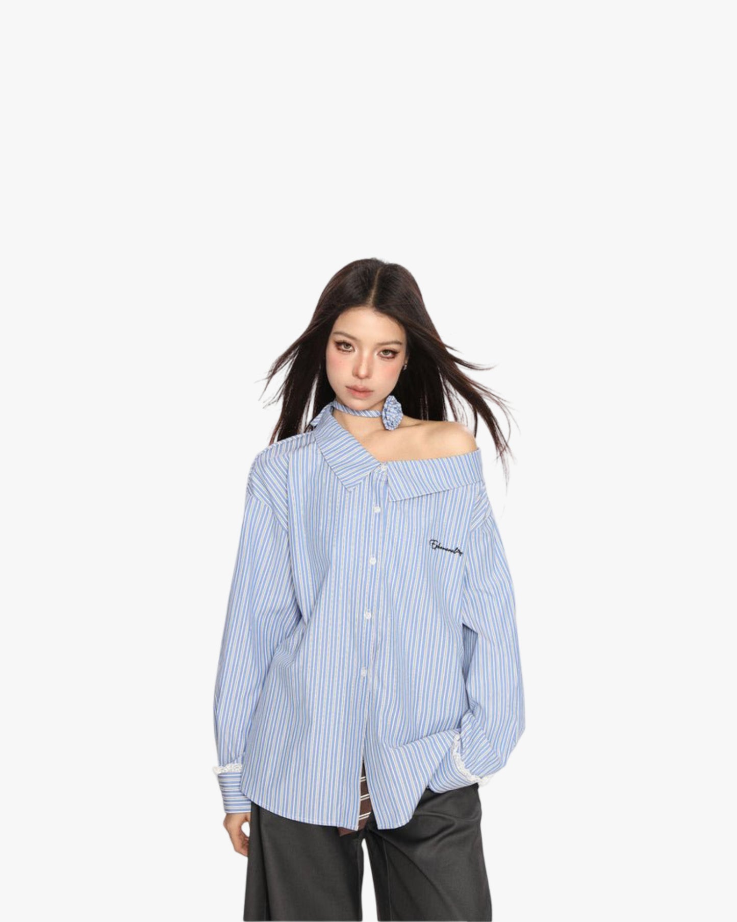 Blue Striped Shoulder Slimming Shirt Women's Long-sleeved Top