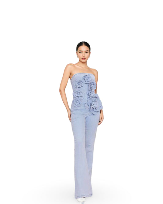 Elegant Commuter Tube Top Three-dimensional Flower High Waist Jumpsuit