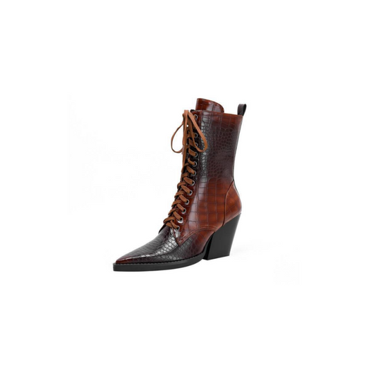 Textured Genuine Leather Lace-Up Ankle Boot