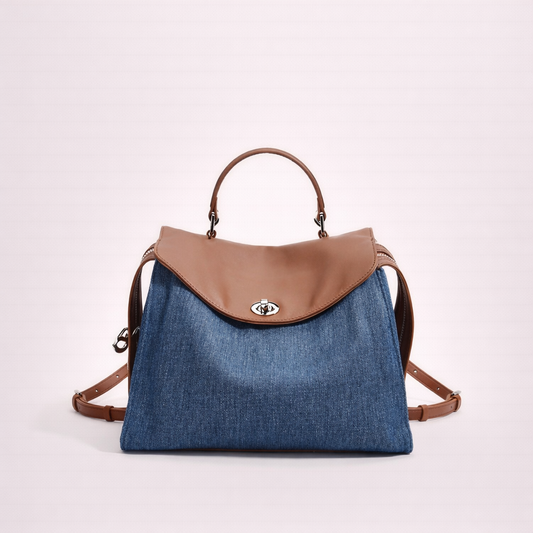 Denim–Leather Structured Carry Backpack