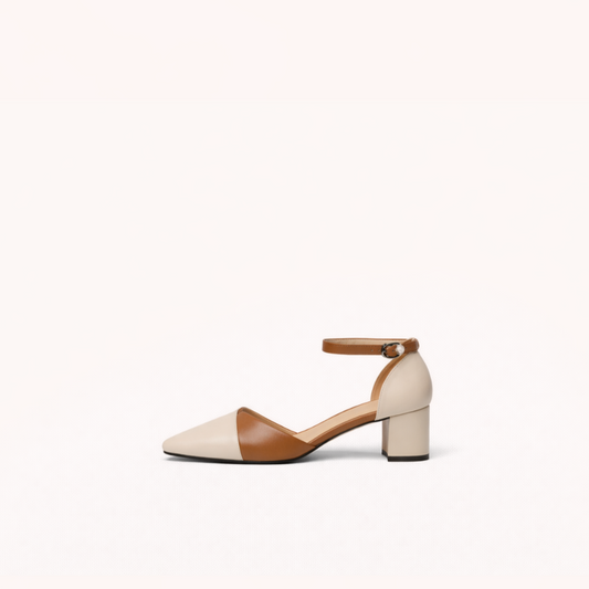 Two-Tone Ankle Strap Heel – First-Layer Cowhide & Pigskin