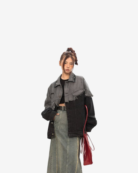 Stitching Design Contrast Color Damage Denim Coat