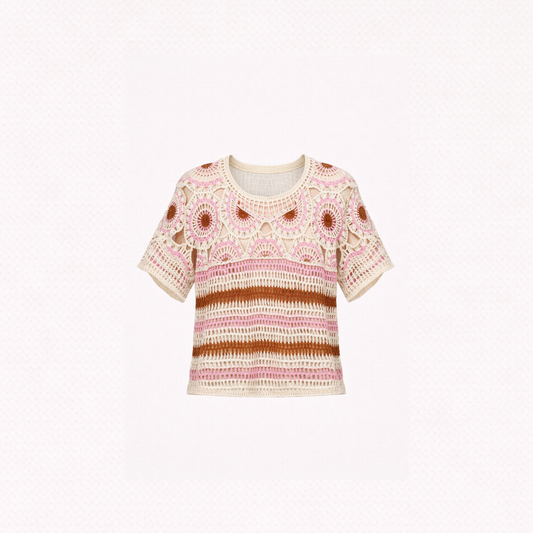 Weave Pattern Short Sleeve Crochet Top with Border Accents
