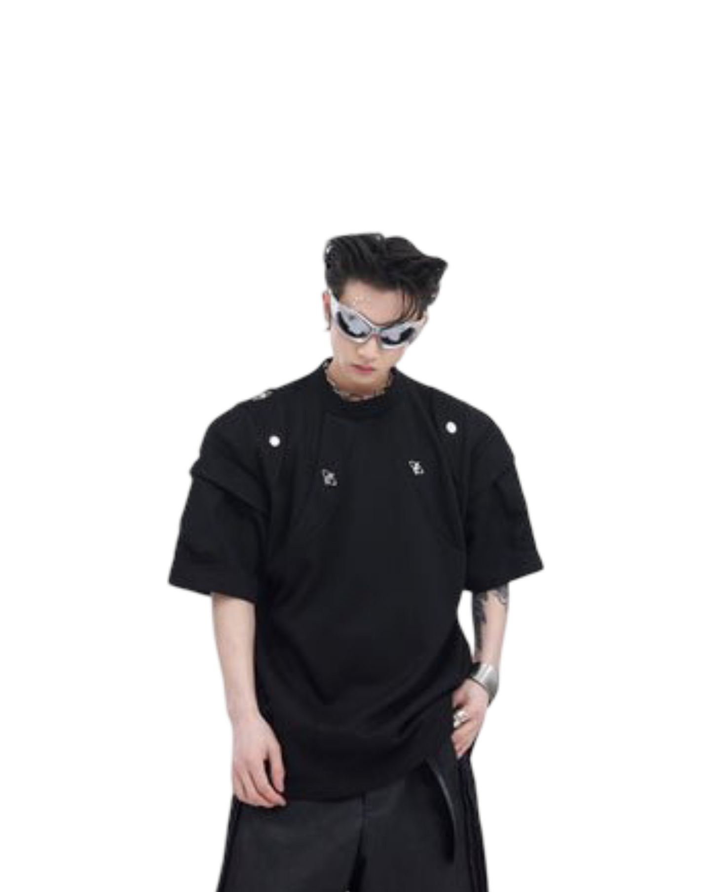 Three-dimensional Split Padded Shoulder T-shirt Metal Embellished Design Profile Heavy Short Sleeve