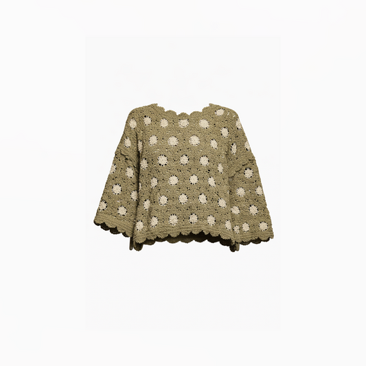 Olive Scallop Crochet Cutwork Top