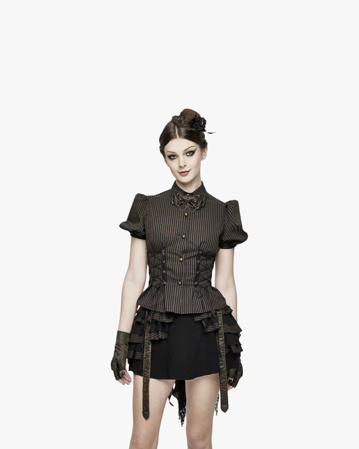 Slim Fitting Bubble Sleeve Striped Single Breasted Short Sleeve Shirt