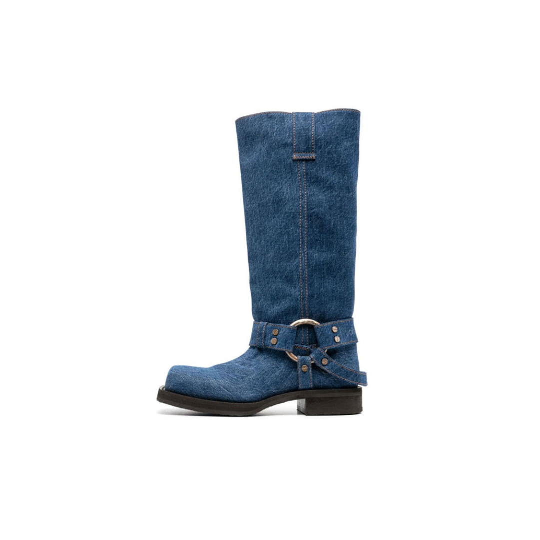 Denim Harness Mid-Calf Boots