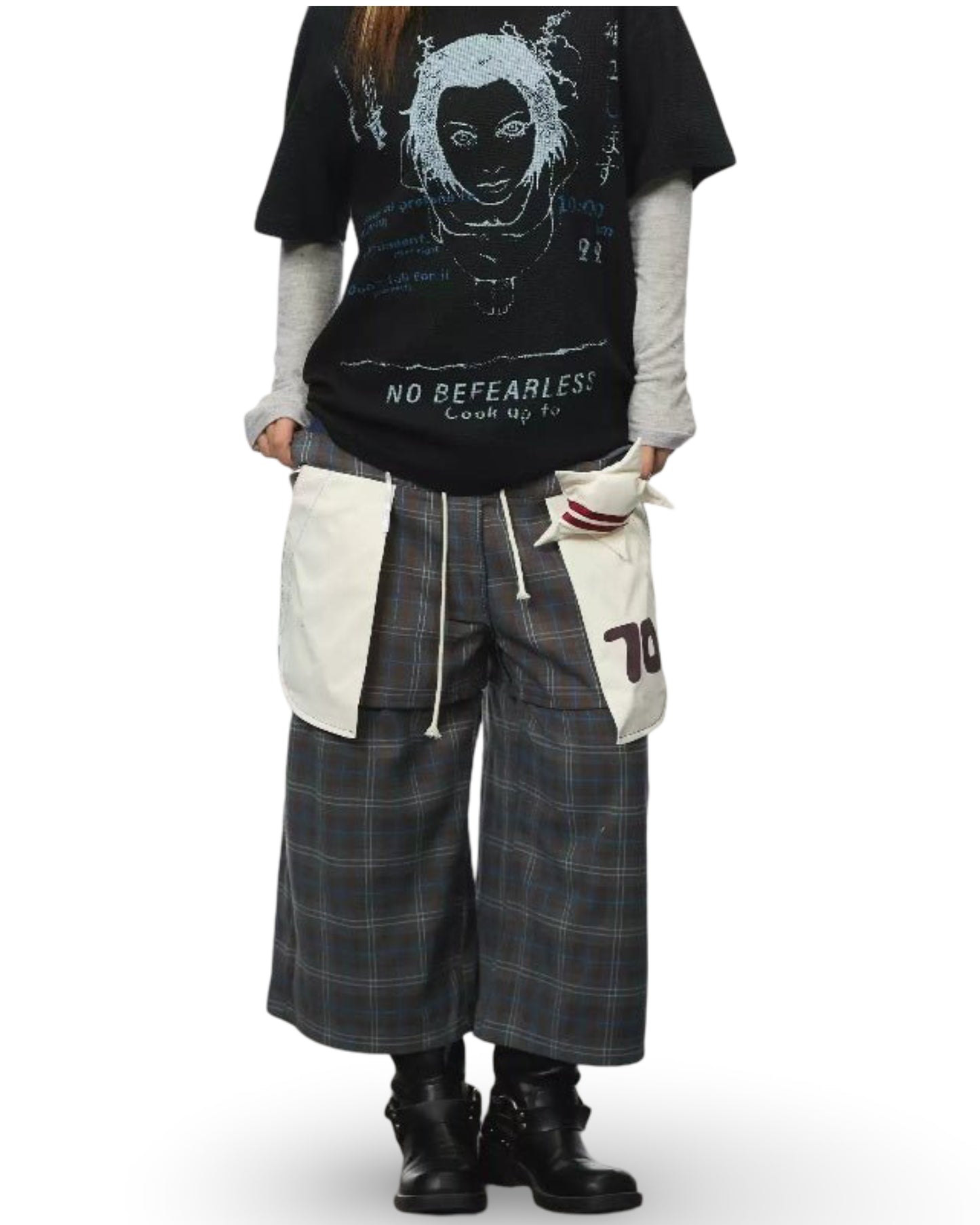 Retro Plaid Fake Two-piece Patch Pants For Women Summer