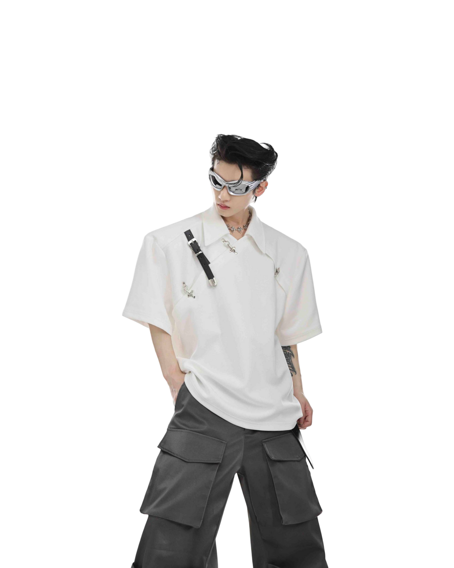 Metal Belt Buckle Design Sense Padded Shoulder Short Sleeve