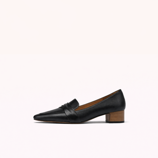 Black Leather Loafer with Low Stacked Heel