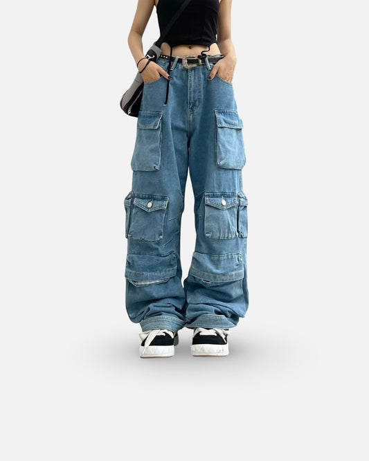 High Waist Trousers Street Hipster Multi-pocket Wide Leg Tie-dyed Jeans