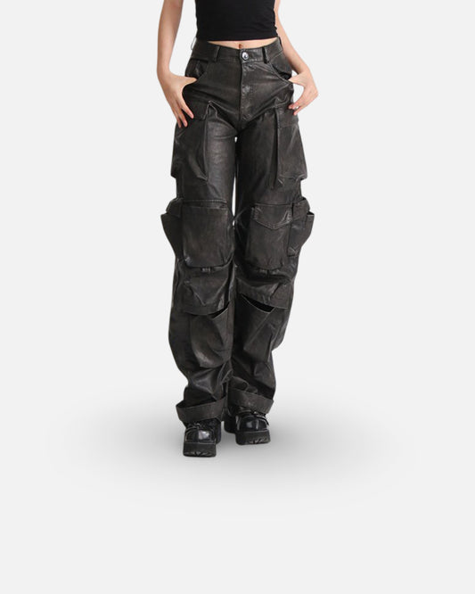 Fashion Unique Design Pocket High Waist Wide Leg Solid Color American PU Overalls