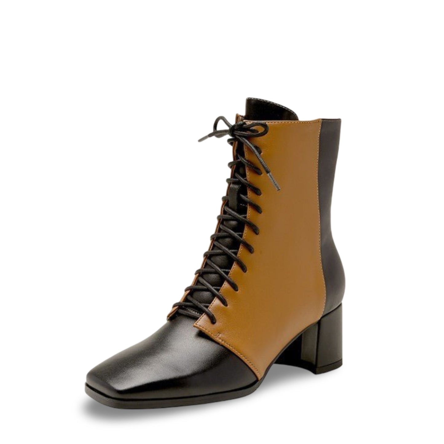 Women's Retro Color Block Square Toe Thick Heel Leather Boots