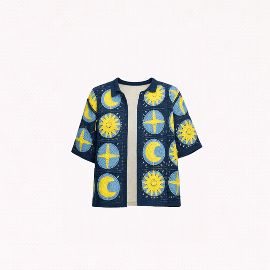 Celestial Patchwork Statement Shirt – Sun, Moon & Star Grid