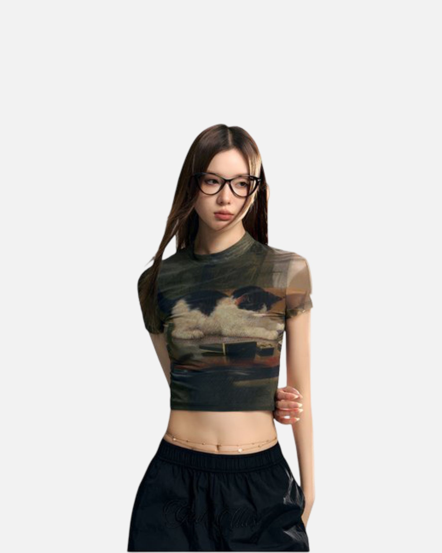 Kitten Print Stretch Mesh T-shirt Slim Fit Slimming Top