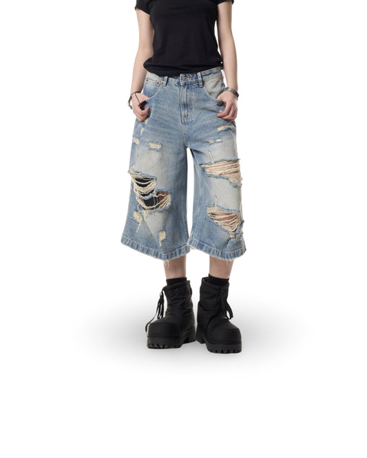 Retro Worn Looking Washed-out Ripped Cat Beard Denim Shorts