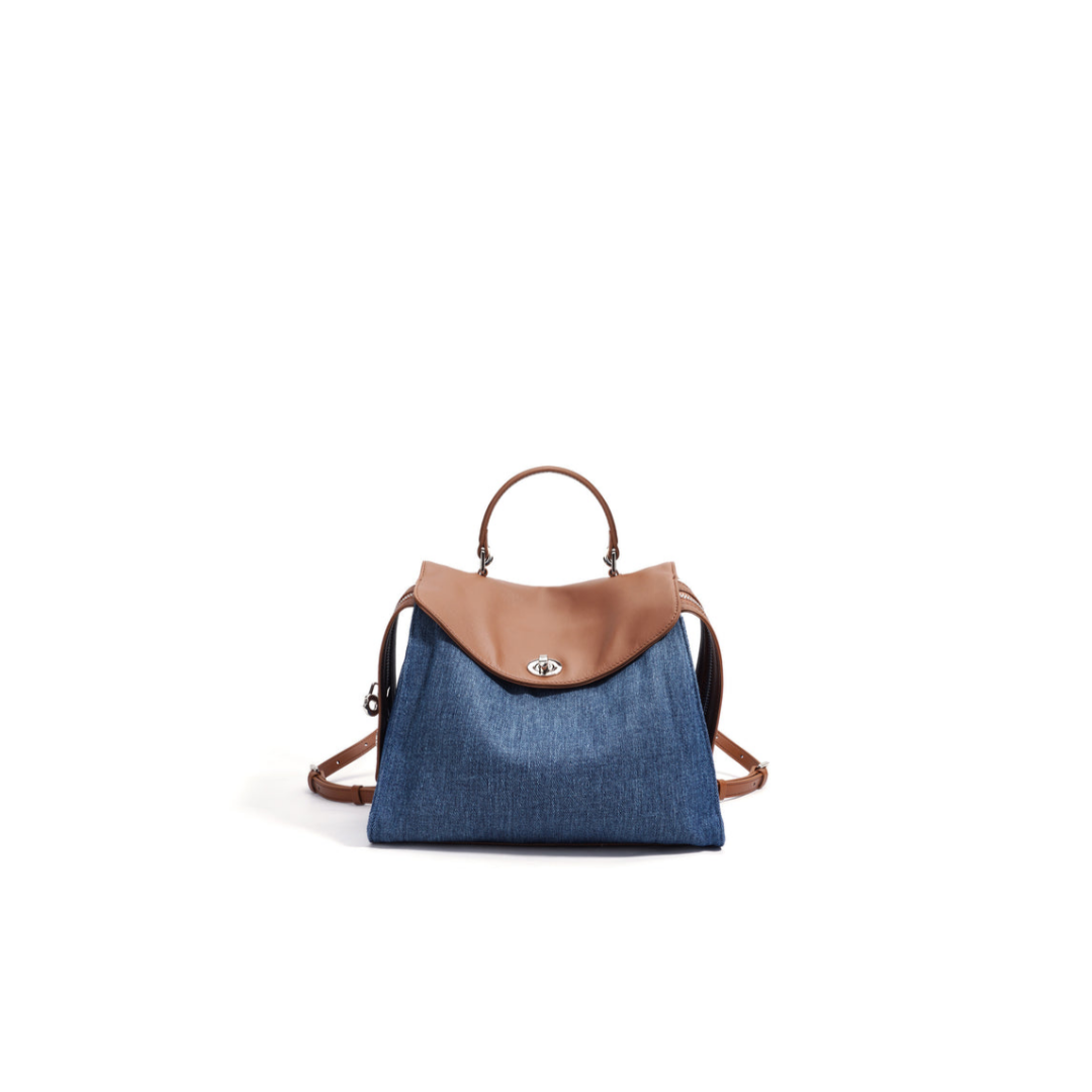 Denim–Leather Structured Carry Backpack